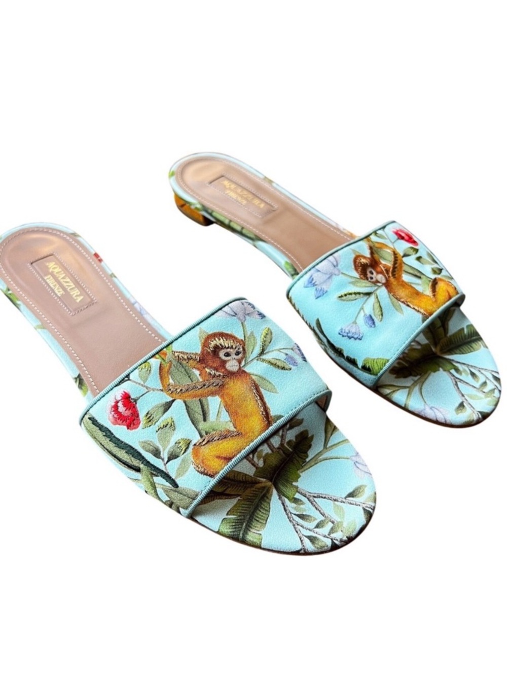 Aquazzura x de Gournay Embroidered Slides Size 9 US 9 Turquoise Monkey Print‎